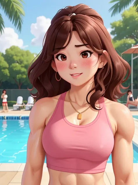 attractive korean woman, ripped muscle, muscular body, small breast, pale skin, sad(blush), sports tanktop, thin necklace, sixpack abs, [ultra detailed skin:1.2], brown hair, wavy hair, 8k uhd, pussy, full body, crowd, public, poolside, standing, cum on fa...