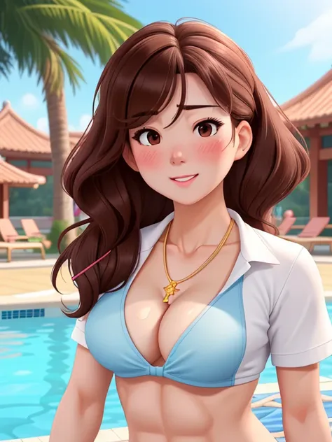 attractive korean woman, ripped muscle, muscular body, small breast, pale skin, sad(blush), bikini, thin necklace, sixpack abs, [ultra detailed skin:1.2], brown hair, wavy hair, 8k uhd, pussy, full body, crowd, public, poolside, standing, cum on face,