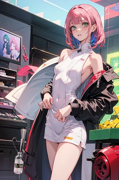 1girl, bite, shadow, green eyes, hair behind head, Fashionable and quirky hair, pink hair, fashionable, cutting edge, looking at viewer, makeup, small breasts, pilot suit, white suit, ((red eyeshadow)), science fiction, tight skin, solo, cyberpunk,