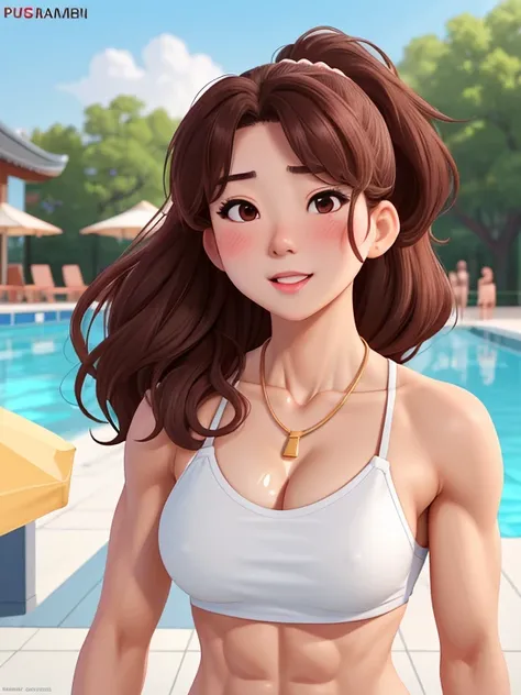 attractive korean woman, ripped muscle, muscular body, small breast, pale skin, sad(blush), bikini, thin necklace, sixpack abs, [ultra detailed skin:1.2], brown hair, wavy hair, 8k uhd, pussy, full body, crowd, public, poolside, standing, cum on face,