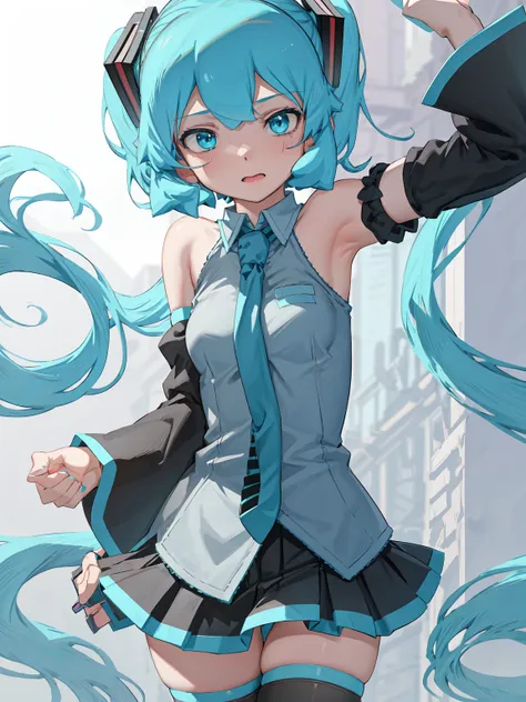 1girl, aqua eyes, aqua hair, hatsune miku, grey shirt, detached sleeves, twintails, shoulder tattoo, necktie, black thighhighs, ...