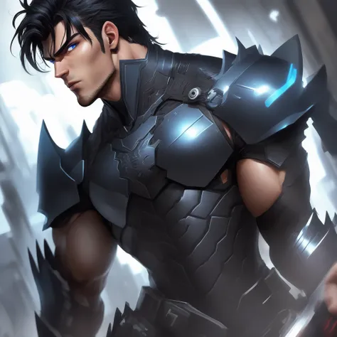 Man with black hair, olive skin, glowing nordic blue eyes, muscular lean physique, armored, realistic, handsome,cool