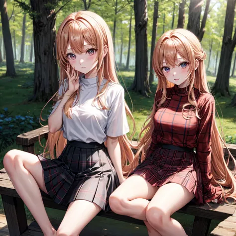 red blonde、verd s eyes、one good looking girl、独奏、animesque、lightly dressed、Plaid miniskirt、sitting on、Black T-shirt、the woods、Sunlight、Looks cold、yuki、Pomupomu