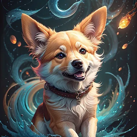 a painting of a colored Welsh Corgi on a black background, breathtaking rendering, within a radiant connection, inspired by Kinuko Y. Craft,, magical elements, wow, is beautiful, casting a multi colorful spell, bright flash, flash