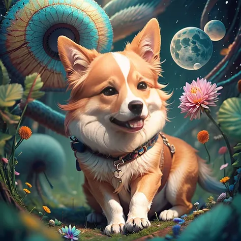 a painting of a colored Welsh Corgi on a black background, breathtaking rendering, within a radiant connection, inspired by Kinuko Y. Craft,, magical elements, wow, is beautiful, casting a multi colorful spell, bright flash, flash