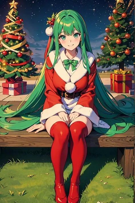 Full body, sitting next to the Christmas tree, beautiful eyes, vast scenery, masterpiece, finest, {{masterpiece}}, {finest}, cute girl, {solo}, Santa dress, Santa cloak, Santa streetscape , glitter effects, beautiful green hair, tights, smile,