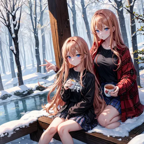 red blonde、blue eyess、one good looking girl、独奏、animesque、lightly dressed、Plaid miniskirt、sitting on、Black T-shirt、coat、the woods、Sunlight、Looks cold、Snow is piled up、drinking steaming tea