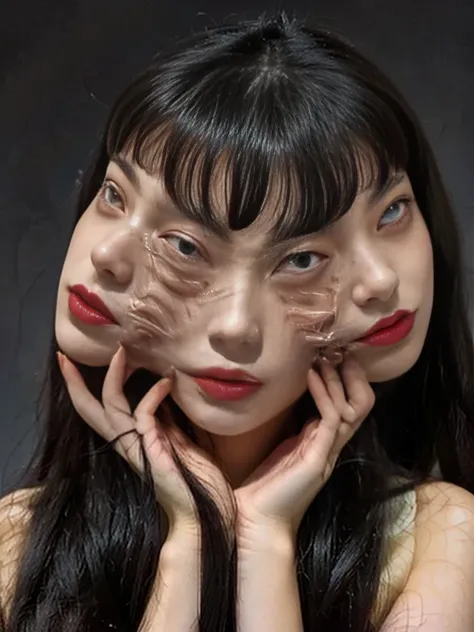 1Japanese woman,Long black hair,There are 2 faces stuck together in one body.,nighttime,Scary,frightful