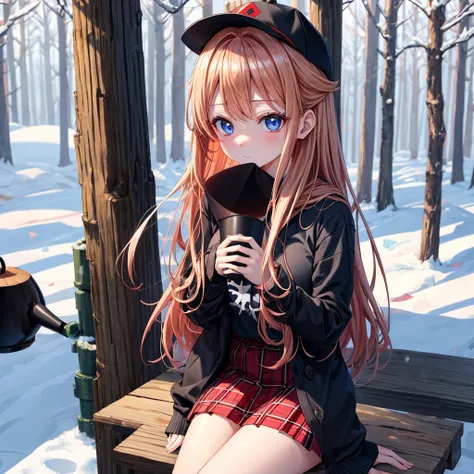 red blonde、blue eyess、one good looking girl、独奏、animesque、Plaid miniskirt、sitting on、Black T-shirt、coat、the woods、Sunlight、Looks cold、Snow is piled up、drinking steaming tea