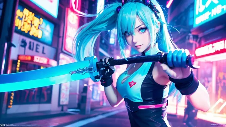 A beautiful girl with light blue hair in an animated and lively cyberpunk style is holding a sword.、pc wallpaper