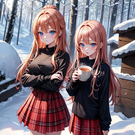 red blonde、blue eyess、one good looking girl、独奏、animesque、Plaid miniskirt、Black T-shirt、coat、the woods、Sunlight、Looks cold、Snow is piled up、drinking steaming tea