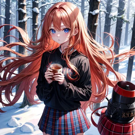 red blonde、blue eyess、one good looking girl、独奏、animesque、Plaid miniskirt、Black T-shirt、coat、the woods、Sunlight、Looks cold、Snow is piled up、drinking steaming tea