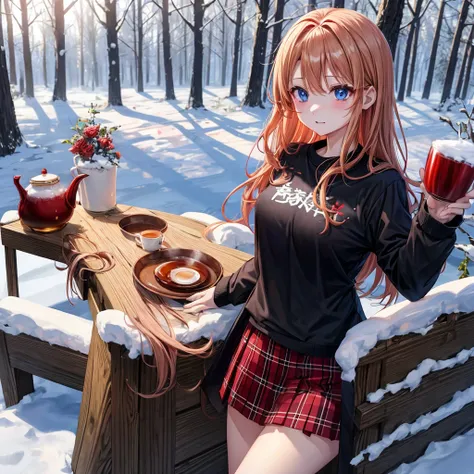 red blonde、blue eyess、one good looking girl、独奏、animesque、Plaid miniskirt、Black T-shirt、coat、the woods、Sunlight、Looks cold、Snow is piled up、drinking steaming tea