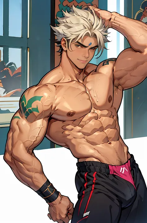 show off thick arms to the audience，closeup of arms，Shoulders exposed，Stout arms，A mais alta qualidade de imagem，Pessoas do sexo masculino，Child，1 menino，jovem e bonito，Shoun，cabelos brancos，Cabelo liso curto，Pele escura，Anime peito grande，anime wallpaper，...