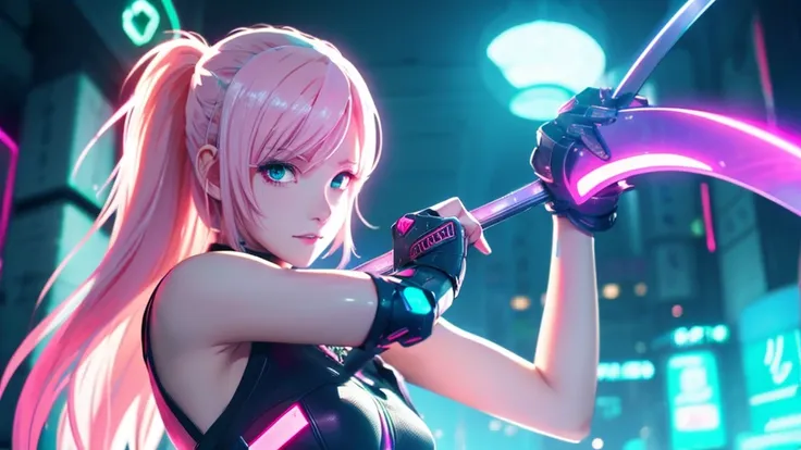 An anime-style, lively cyberpunk-style beautiful girl with light pink hair holds a sword.、Computer wallpaper based on red, green and blue