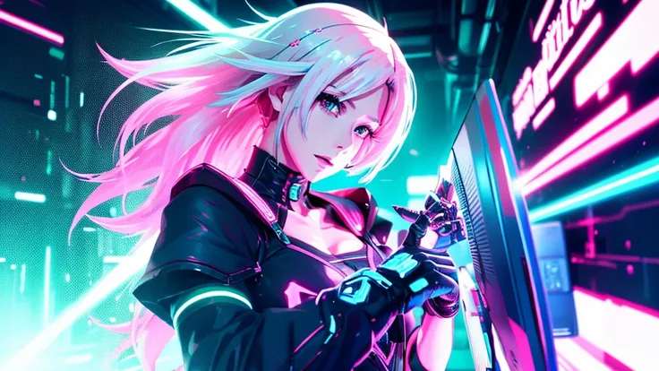 A beautiful anime-style, cyberpunk-style beautiful girl with white pink hair is holding a sword on the right side.、Computer wallpaper based on red, green and blue