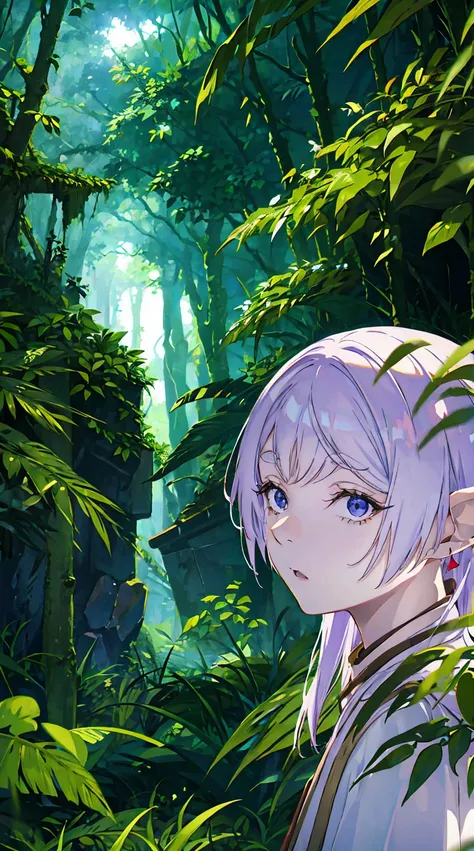 Frieren, 1girl, solo, pointy ears, sunlight filtering through the foliage,in the old forest, best quality, masterpiece, fantastic, 8K