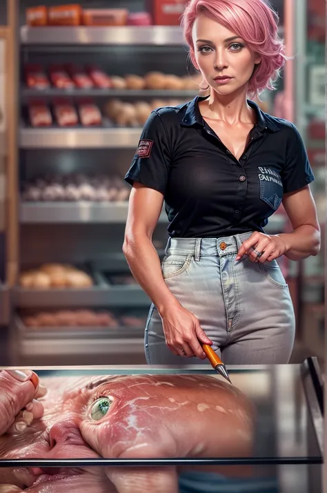 (best quality:1.3), (8K, RAW photo), (realistic, photo-realistic:1.3), high-resolution, ultra-detailed, highly detailed, extremely intricate, film grain, sharp focus, (photo of a 35 year old mature Polish female), a female butcher employee working at shop,...