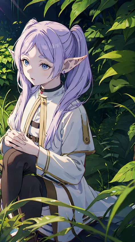 Frieren, 1girl, solo, pointy ears,twintails,sunlight filtering through the foliage,in the old forest, best quality, masterpiece, fantastic, 8K