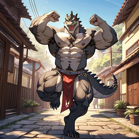 all gray crocodile、gray scales all over the body、crocodile body、gray belly、massive muscles、White loincloth、Jumping knee kick、Jumping、Yakuza、The tattoo、large amount of pubic hair、large amount of chest hair、Lots of armpit hair、、Big green eyes、sharp claws, Wh...