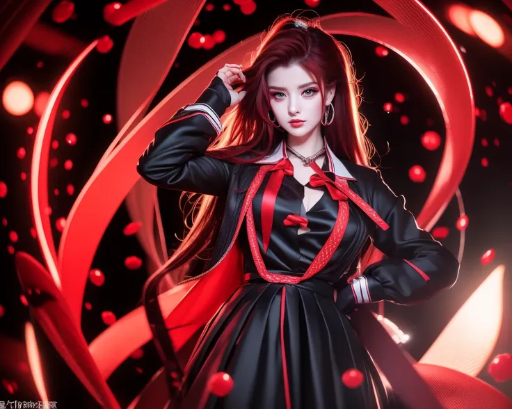 "(best quality, realistic), cute girl with red hair, black outfit, holding a red ribbon, detailed eyes, detailed lips, long eyelashes, vibrant colors, soft lighting"