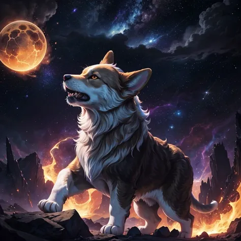 Leonus, Star Eater, cosmic, corgi, white dust cloud, cosmic rays, piercing eyes, devouring planets, imposing, frightening, undulating coat of stars, sharp claws like comets, deafening stellar roar, pulsating cosmic energy, sinister glow in the eyes, insati...