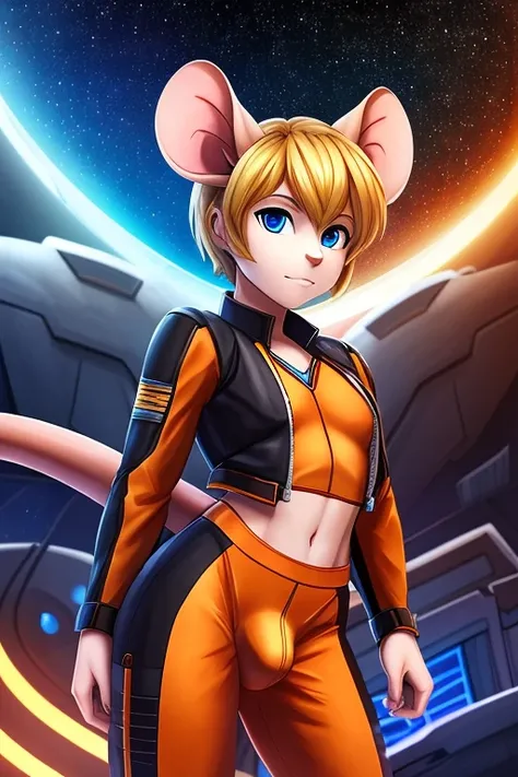 Mouse boy, hide ears, very feminine features, thin lithe feminine body, very small chest, pixie-cut hair, mouse ears, mouse tail, blonde-brown hair and blue eyes, Dressed in orange and black sci-fi leather pilot suit, cropped jacket, tight shirt, very larg...