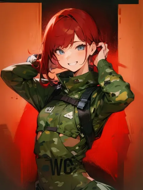 Slim type、small tits、cover one&#39;listen to your ears with both hands、Female Android、Red hair shortcuts、Woman in camouflage combat uniform、Laughing face、