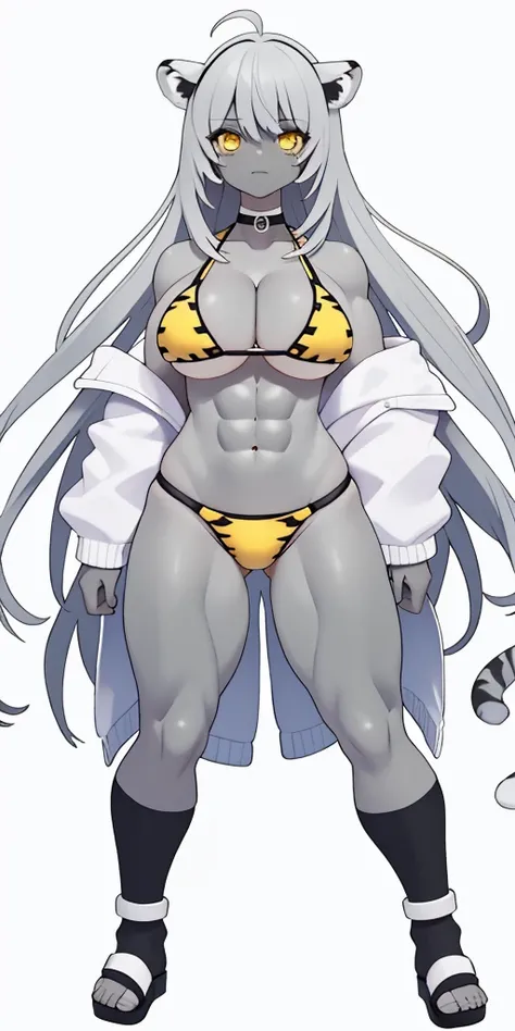 perfect hair, perfect body, looking at the viewer, standing, posing, mature female, very grey skin, muscular body, female oni, big breast, black chocker, slave chains, (((grey skin))), (detailed yellow bikini with tiger dots)