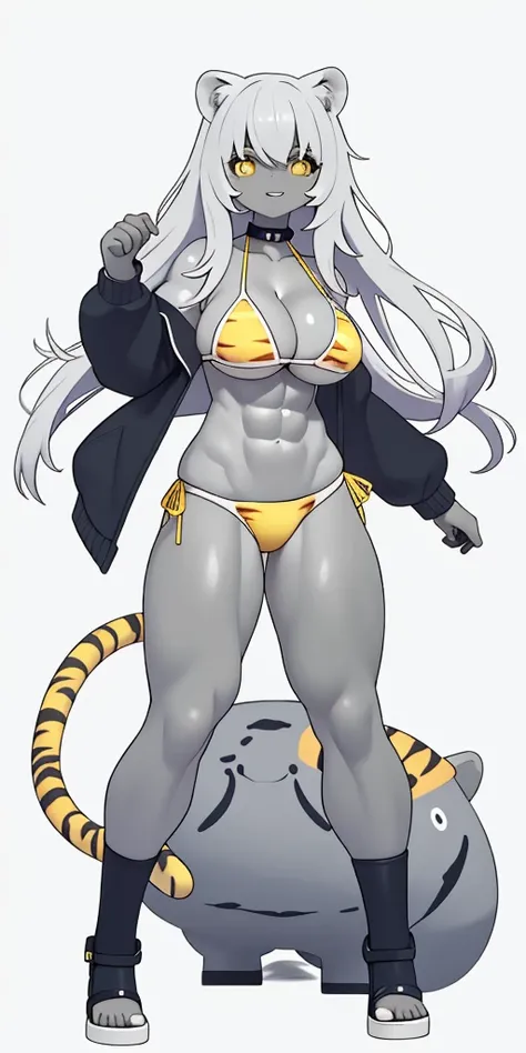 perfect hair, perfect body, looking at the viewer, standing, posing, mature female, very grey skin, muscular body, female oni, big breast, black chocker, slave chains, (((grey skin))), (detailed yellow bikini with tiger dots)