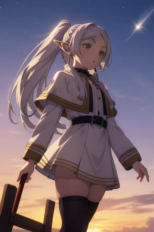 1girls,bara,elf,White Hair,Gray Hair,earrings,pointy ears,long-haired,Ponytail,green eyes,twintails,Parted Bangs,Thick eyebrows,coat with collar,white capelet,streaks shirt,long sleeve,streaks,White skirt.,
tights,brown shoes,expressionless,red staff,, bea...