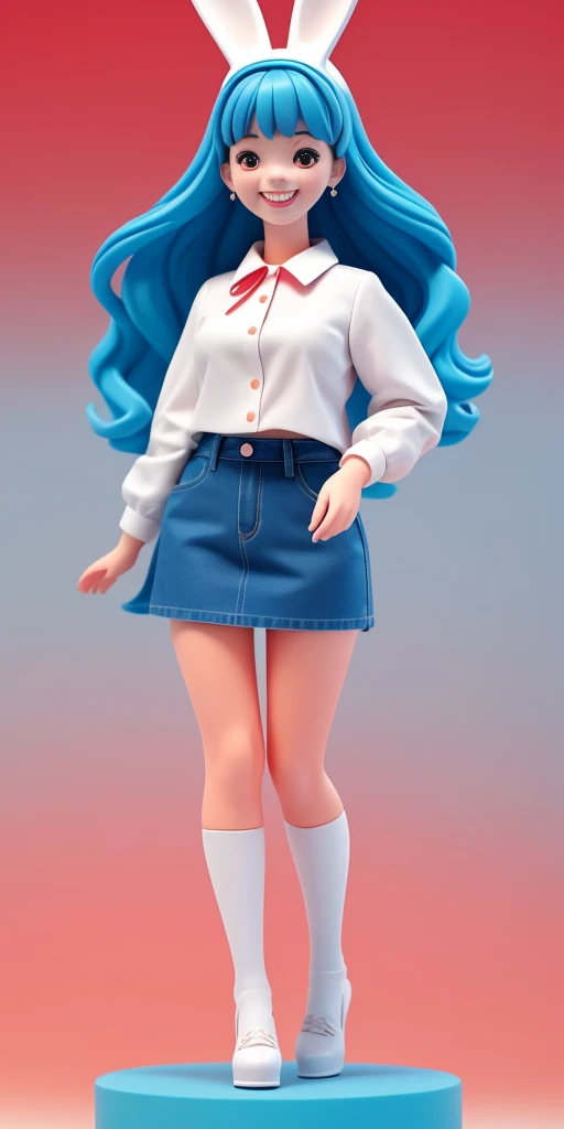 Disney style, box doll, 1girl, (Anatomically correct), full body, (masterpiece:1.1), (best quality:1.1), (white blouse:1.1), (plaid skirt:1.1), school uniform, white lace skirt, white high heels, BREAK [blue:pink:0.5] theme, (gradient background: 1.1), den...