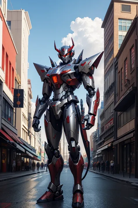 (Demon God Mecha, 3D rendering), background city street center, clear HD, 8K resolution, very detailed, digital painting, concept art, Shinkai Makoto style, pop popularization trend, pop, pop trend on pixiv.