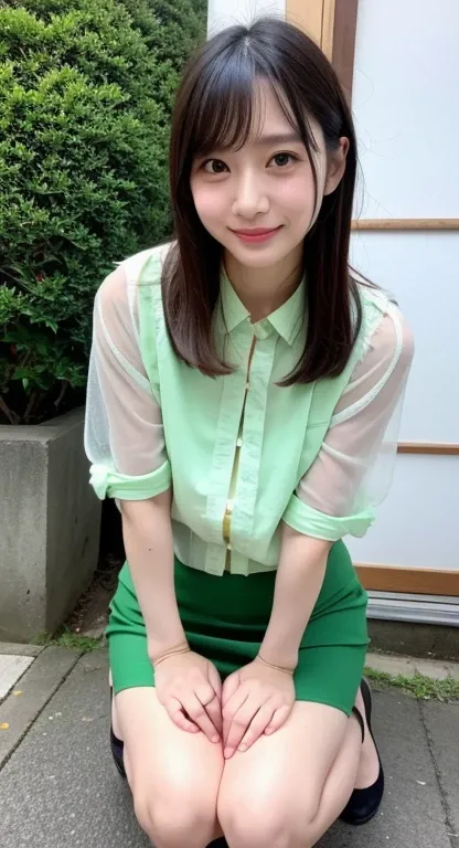 Cute Japan Woman、transparent blouse and、wearing a green skirt、Squat down and open your crotch、Looking here