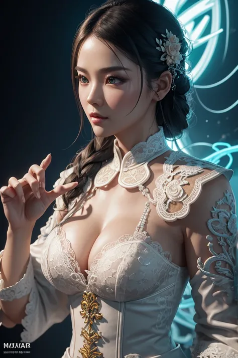 Character sheet, ultra-detailed complex 3d rendering with porcelain profile of Vietnamese character, maximalist beautiful studio soft light, rim lighting, vibrant details, lace, hyper-realistic, hand, facial muscles, electric wires, microchip, elegant, bea...