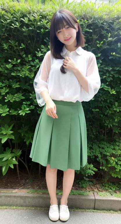 Cute Japan Woman、transparent blouse and、wearing a green skirt、Squat down and open your crotch、Looking here