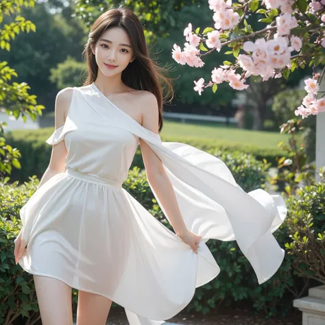 She is a stunning beauty with a perfect face and slender figure。The lines of her face are soft and delicate，As elegant as a swan。Her eyes are bright and full of energy，Its like two twinkling starudes a mesmerizing glow。Her eyebrows are slender and straight...