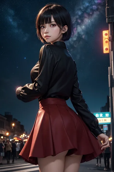 ((masterpiece)), (best quality),, official art, extremely detailed CG unity 8k wallpaper, highly detailed, shiny skin, Depth of field, vivid color,, 1girl, (curvy:0.4), (full body:0.6),, short hair, bangs, red eyes, skirt, looking at viewer, night, street,...