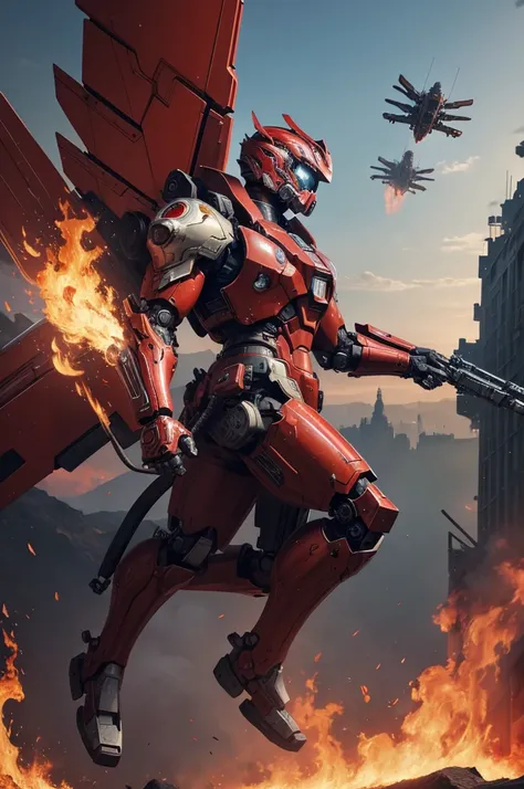 Absurd resolution, high resolution, (masterpiece: 1.4), hyper-detail, a mech, red armor with red wings, floating flight in the sky (1.8) background is wild, fire