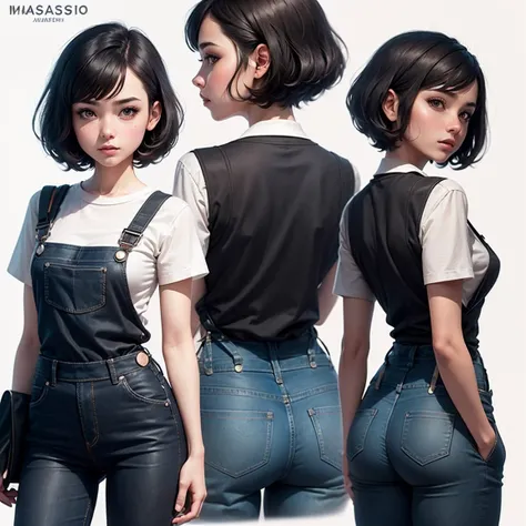 ((masterpiece)),(((best quality))),(character design sheet, same character, front, side, back), illustration, 1woman, short black hair, hairstyle pixie, eyes, environment change scene, Female, wearing overalls Star, ( background, white background: 1.3), --...