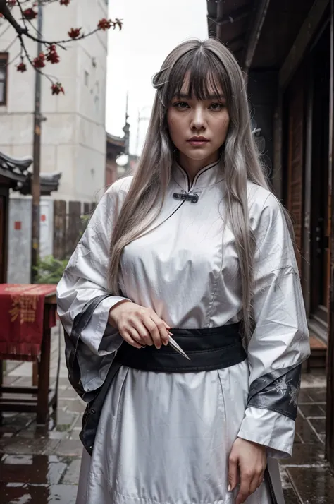 Masterpiece, best quality, night, outdoors, rainy days, branches, Chinese style, ancient China, 1 woman, mature woman, silver white long haired woman, gray blue eyes, light pink lips, cold, serious, weak, bangs, assassins, short knives, white clothes, blac...