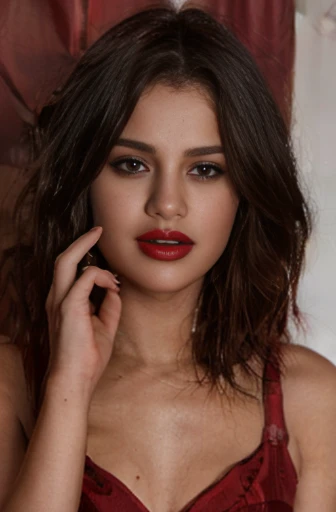 Beautiful salena gomez,  bob cut, Burgundy hair, red lipstick,