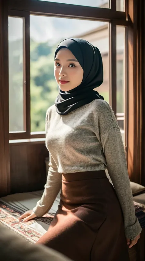 Best quality,masterpiece,ultra high res,(photorealistic:1.4)1girl,Anastasia Kadir 1girl, [Salsabila|Putri|Nabila], hijab, knit shirt, instagram, skirt, merapi, indonesia, perfect poses, perfect breast, beautiful poses, at living room, cinematic light