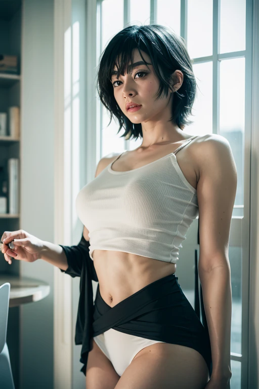 { Portrait, RAW photo,  }
{ beautiful, masterpiece, best quality, extremely detailed face, perfect lighting, Best Quality, (ultra-detailed) }
{ japaness woman, alone, 28-years-old, }
{black hair, short hair, messy hair, parted lips, }
{ drunk }
{white crop...