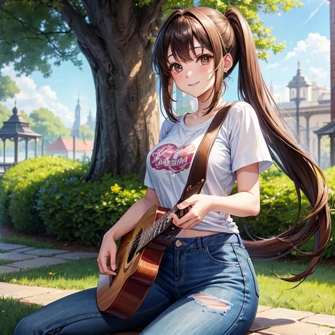 animesque、a beauty girl、poneyTail、morning、a park、chant、guitar、tshirts、jeans、Brown hair、Brown eyes、A smile、Beautiful breasts