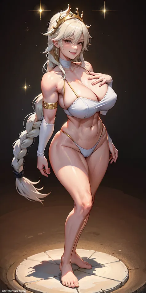 (tmasterpiece, hiquality: 1.1) 1girl full body standing, nice ass, hairstyle with a braid, white colored hair, golden eyes, perfect lighting, muscular, thights, mature woman, mummy, bellybutton, abs, looks at the viewer, smirking smile, extremely huge brea...