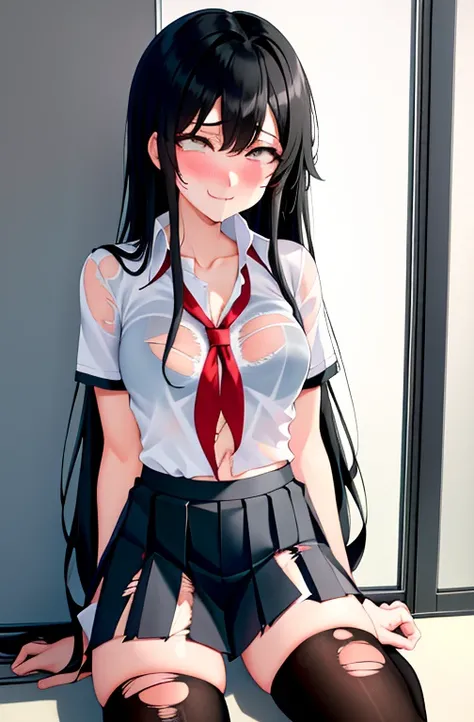 (full figure:1.1), 1 girl as yukino yukinoshita, absurdres, highres, solo, school uniform, small breasts, waist long black hair, (twintails:0.5), (pleated miniskirt:1.4), (black thighhigh socks:1.1), loose red ribbon, unbuttoned white shirt, (ahegao:1.5), ...