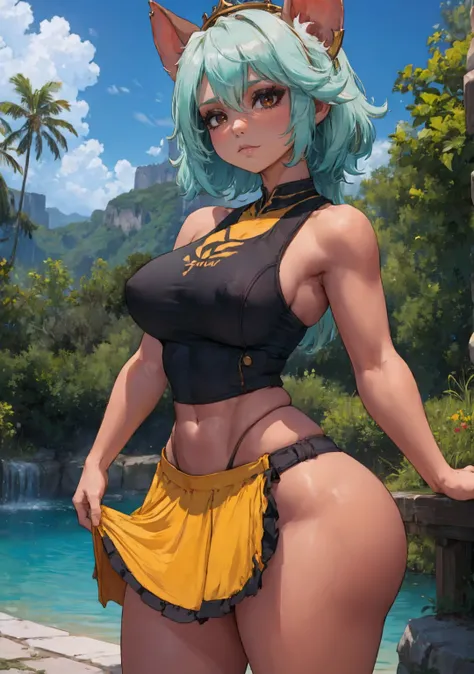 1 girl, Pilha curta, Tristana, Liga das Lendas, pele colorida, pele roxa, from behind, quadris largos, coxas grossas, bunda falsa gigante, usando roupa sexy.