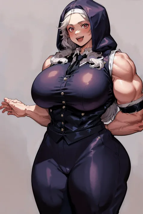 noi, nun, big breast,white boots, pants,cloak, musclegirl, standing,, smile, long hair, catedral, vest, portrait, full body, thick thighs, thick arms, wide hips,pants, large breast,