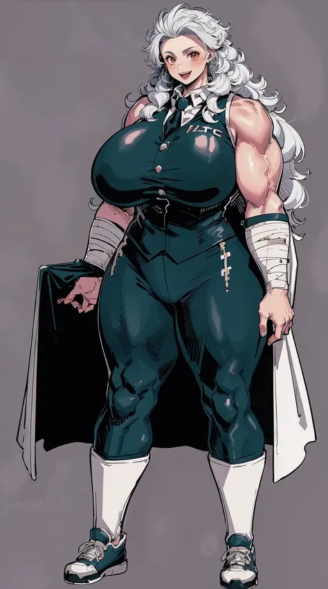 noi, nun, big breast,white boots, pants,cloak, musclegirl, standing,, smile, long hair, catedral, vest, portrait, full body, thick thighs, thick arms, wide hips,pants, large breast,refsheet